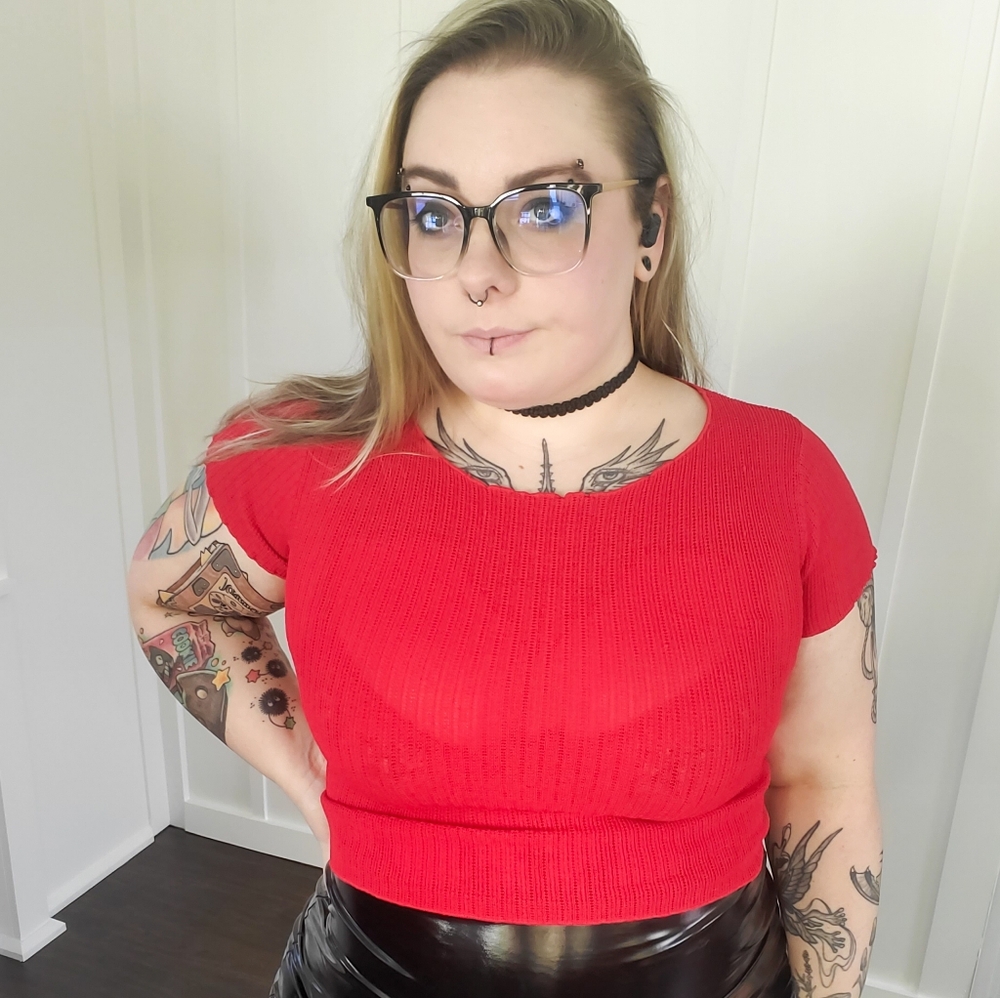 Honey Punch Red Ribbed Short Sleeve Top XL
